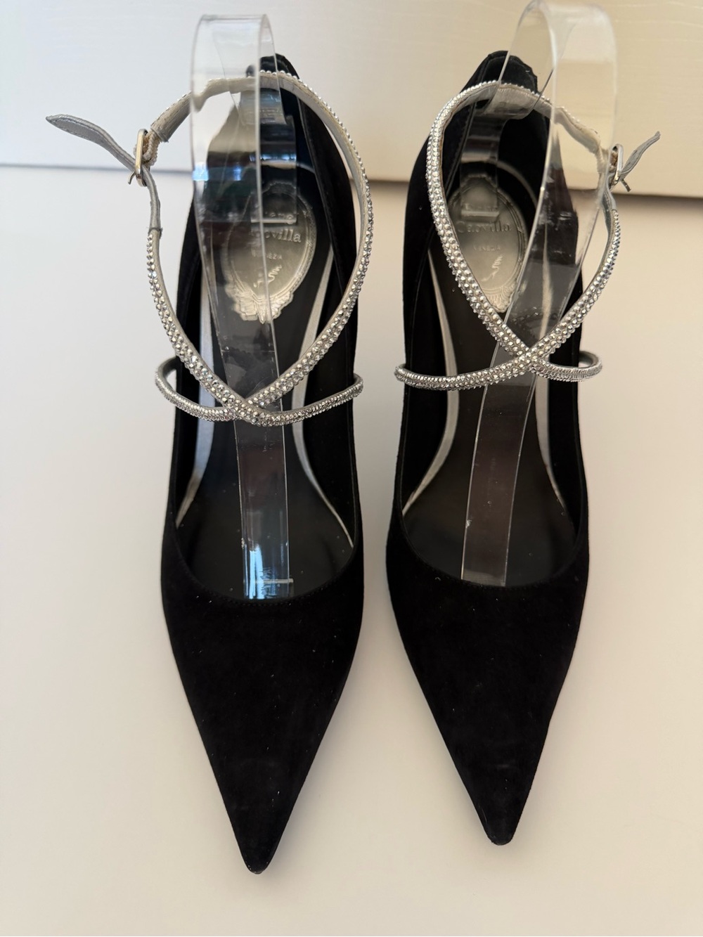 Rene Caovilla Black Suede Pointed Toe Heels with Silver Crystal Straps, size 40